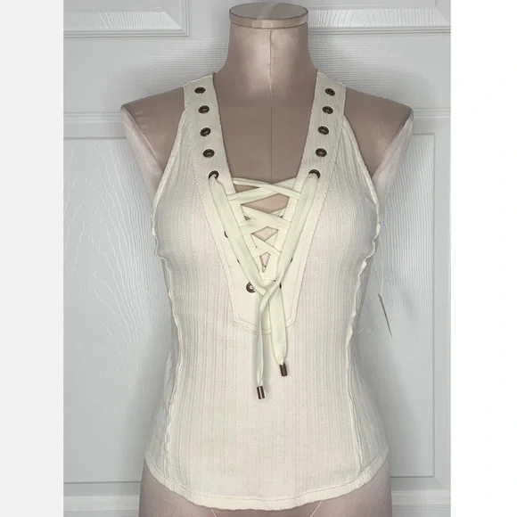 Free People Cream Ribbed Crop Top Sz S - Picture 1 of 6
